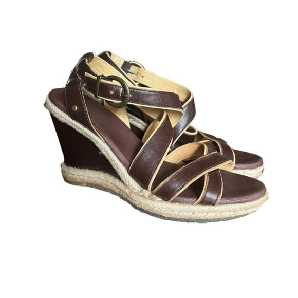 UGG Isabella Wedge Sandals Size 6 Brown Leather Strappy - Picture 3 of 14
